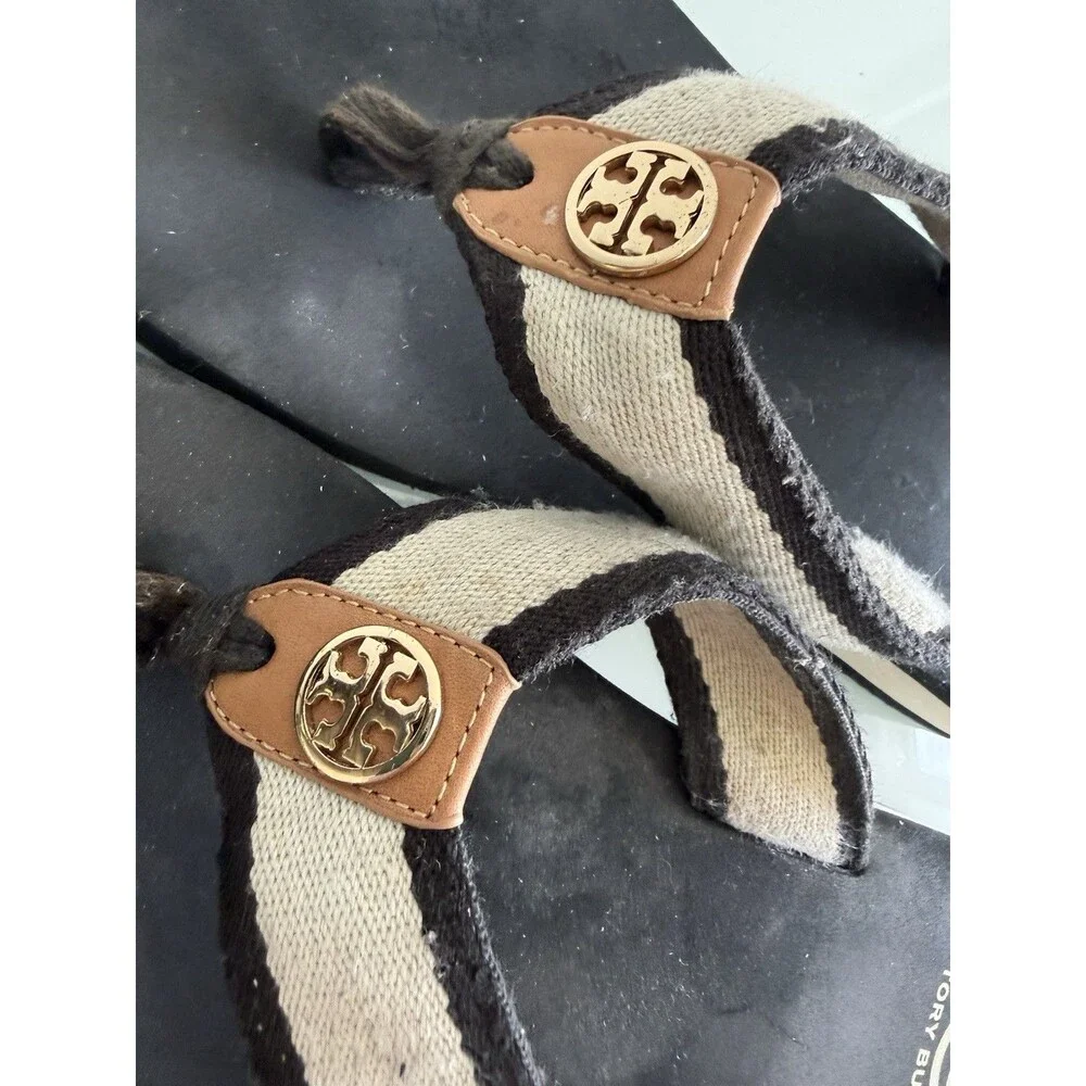 Tory Burch Flip Flop Sandals Black Cream Logo Thong Summer Beach Slides 10